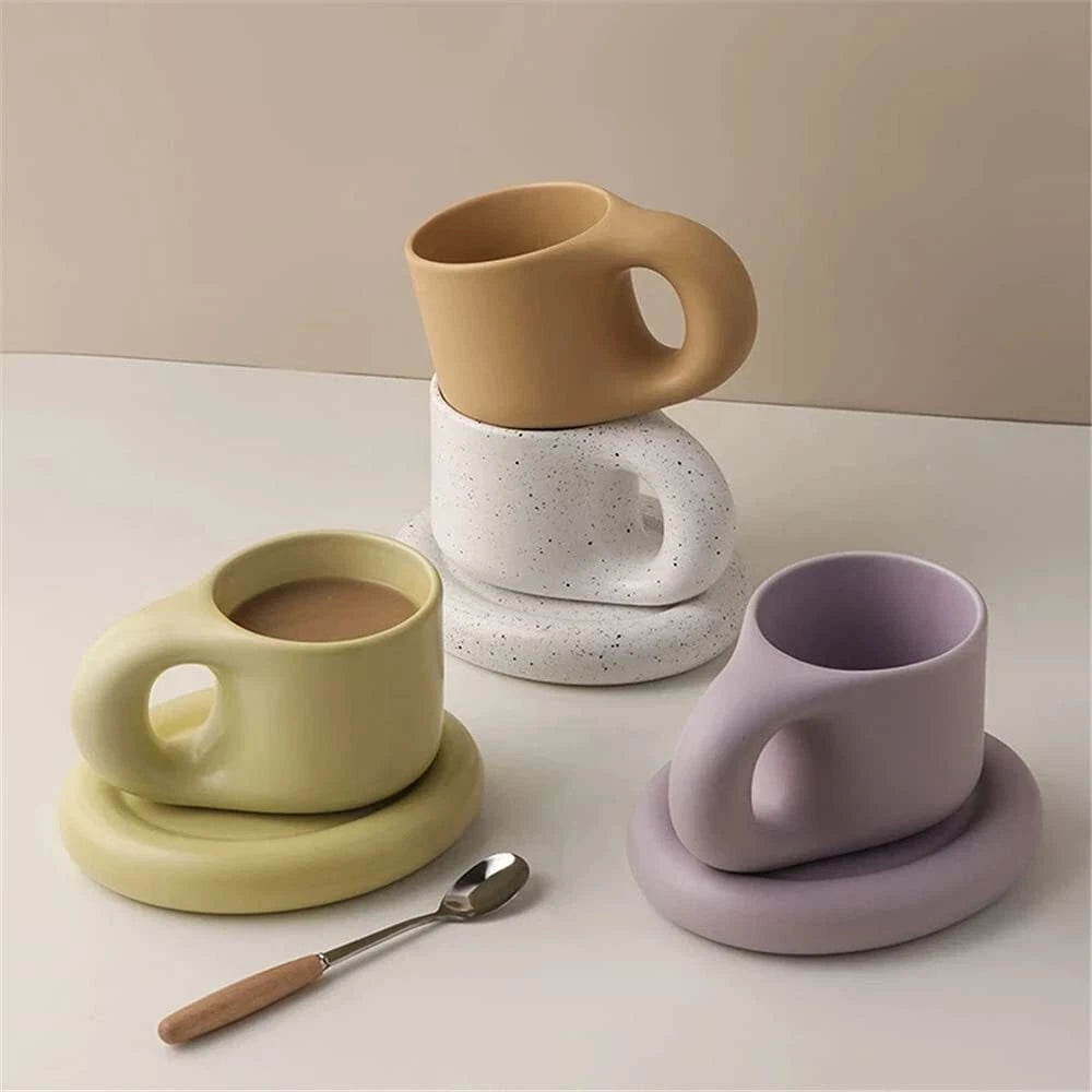Ceramic Coffee Mug Multicolor with Plate and Big Handle -Perfect Tea Cup Coffee