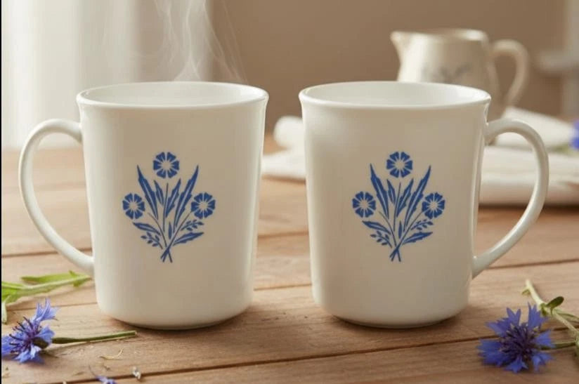 ❄️ 2 CORELLE Corningware 1970's BLUE CORNFLOWER 4" MUGS Straight Sided Pyroceram